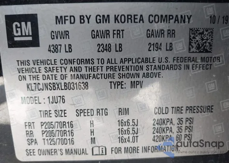 2020 Chevrolet Trax Awd Ls z USA, uszkodzony, nr VIN KL7CJNSBXLB031638